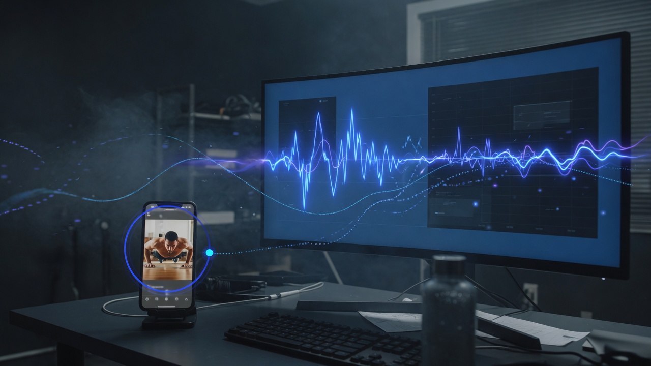 A phone showing a push-up workout beside a monitor of live analytics traces
